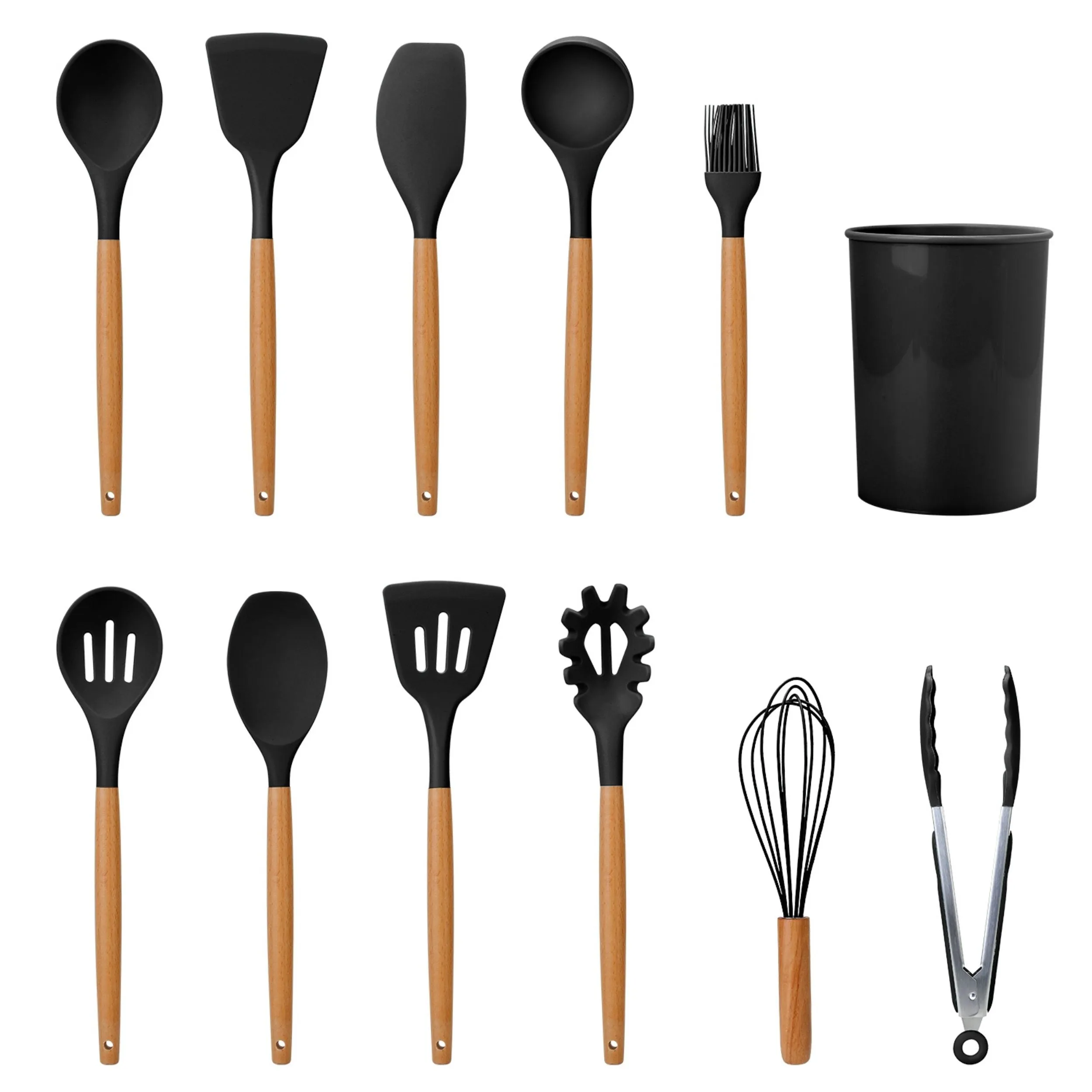 11-Piece Silicone Cooking Utensil Set with Heat-Resistant Wooden Handle - Spatula, Turner, Ladle, Spaghetti Server, Tongs, Spoon, Egg Whisk, and more!