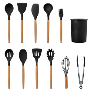 11-Piece Silicone Cooking Utensil Set with Heat-Resistant Wooden Handle - Spatula, Turner, Ladle, Spaghetti Server, Tongs, Spoon, Egg Whisk, and more!