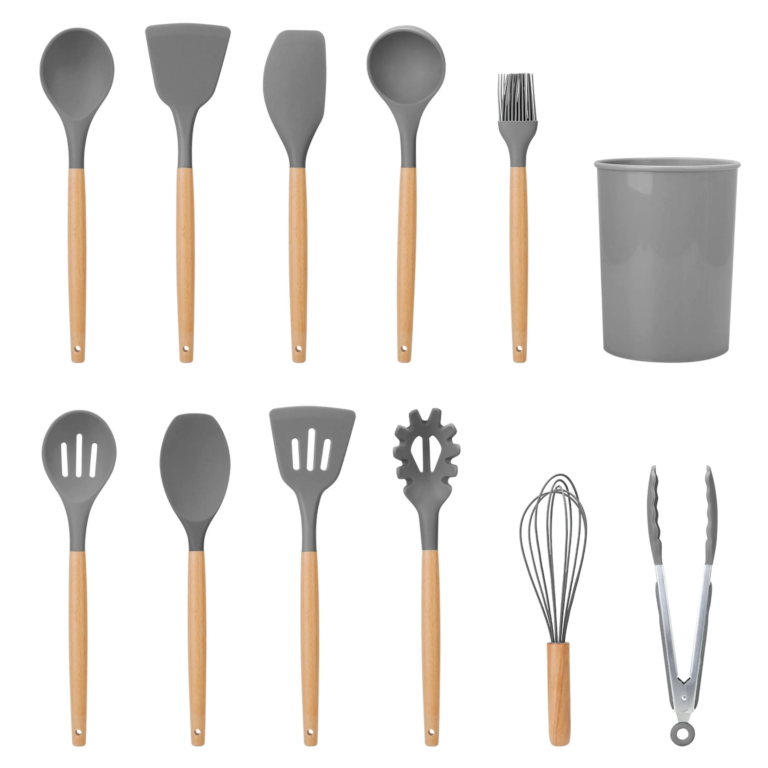 11-Piece Silicone Cooking Utensil Set with Heat-Resistant Wooden Handle - Spatula, Turner, Ladle, Spaghetti Server, Tongs, Spoon, Egg Whisk, and more!