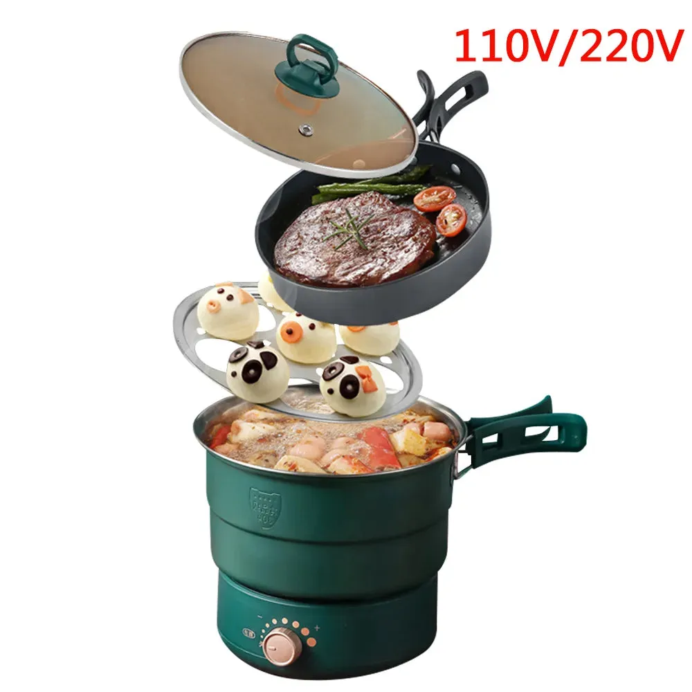 110V/220V Electric Split Cooking Pot Foldable Multicooker Frying Pan Hotpot Steamer Rice Cooker Soup Maker Water Boiler Travel