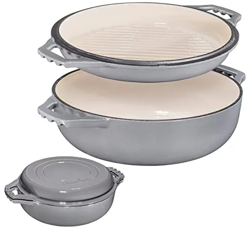 2-in-1 Enameled Cast Iron Cocotte Double Braiser Pan with Grill Lid 3.3 Quarts - Barbecue