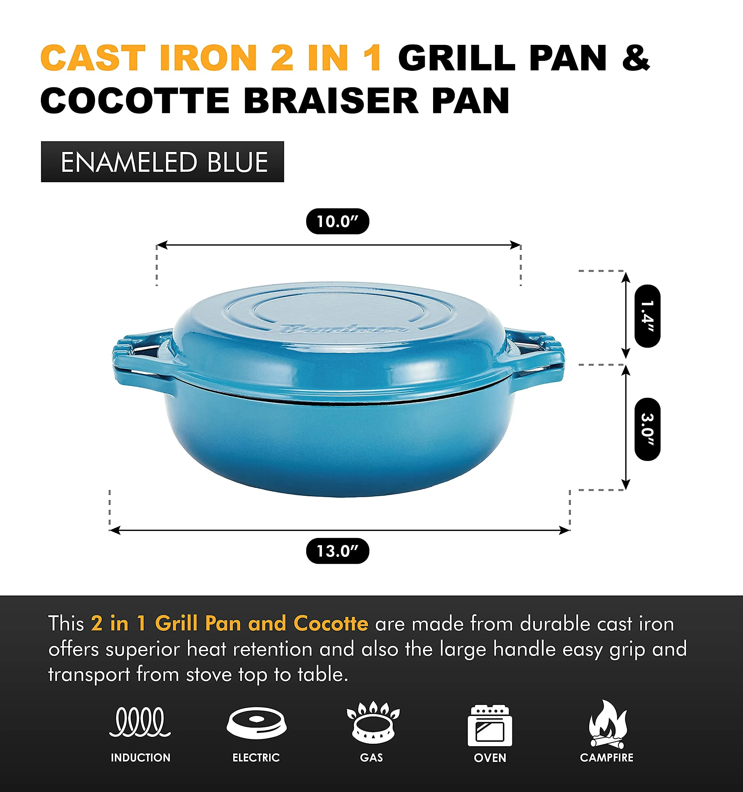 2-in-1 Enameled Cast Iron Cocotte Double Braiser Pan with Grill Lid 3.3 Quarts - Barbecue