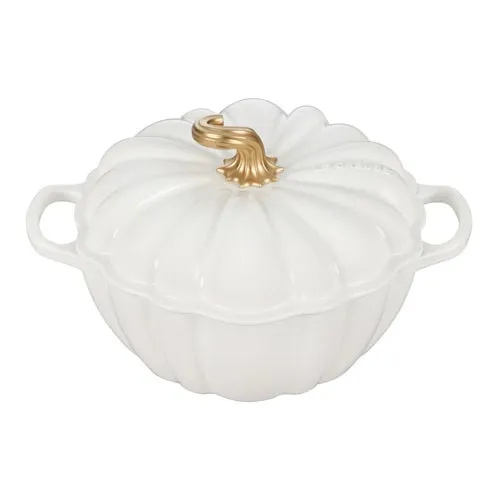 4qt Cast Iron Pumpkin Cocotte White w/ Gold Stem