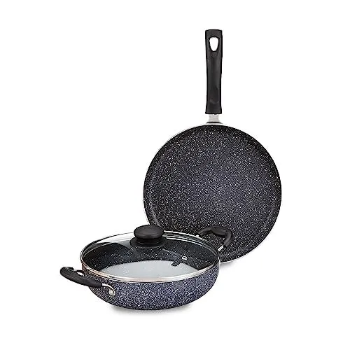 Amazon Brand - Solimo Aluminium 3 Piece Non-Stick Cookware Set|Granite Finish|Induction Base|Pfoa Free|High Temperature Resistant Exterior Coating|25 Cm Tawa,22 Cm Kadai,1 Glass Lid|Grey