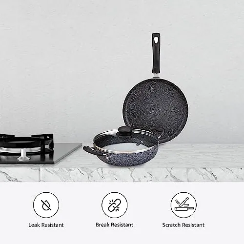 Amazon Brand - Solimo Aluminium 3 Piece Non-Stick Cookware Set|Granite Finish|Induction Base|Pfoa Free|High Temperature Resistant Exterior Coating|25 Cm Tawa,22 Cm Kadai,1 Glass Lid|Grey