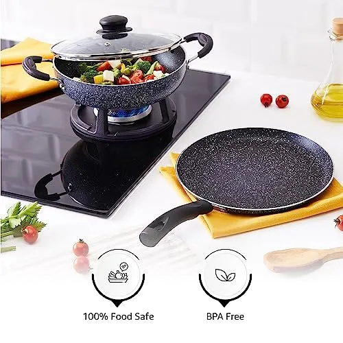 Amazon Brand - Solimo Aluminium 3 Piece Non-Stick Cookware Set|Granite Finish|Induction Base|Pfoa Free|High Temperature Resistant Exterior Coating|25 Cm Tawa,22 Cm Kadai,1 Glass Lid|Grey