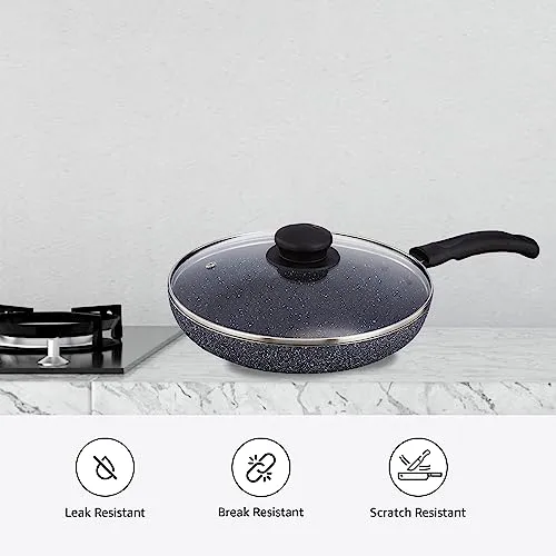 Amazon Brand - Solimo Non-Stick Fry Pan with Glass Lid | Granite Finish | Induction Base | PFOA Free | High Temperature Resistant Exterior Coating | 22 cm | Grey