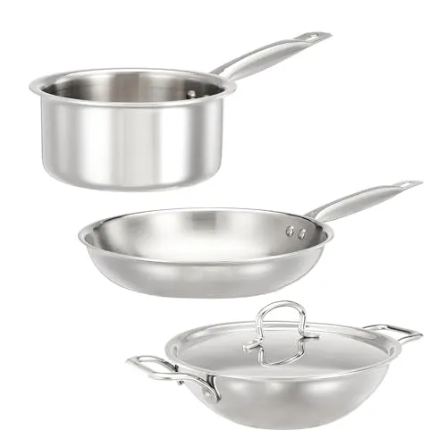 Amazon Brand - Solimo Triply Stainless Steel 3 Piece Cookware Set(Kadhai/Wok with Lid-24 Cm,Fry Pan-24 Cm&Tea/Milk Saucepan-16 Cm) Induction and Gas Stove Compatible|Dishwasher Safe,Silver