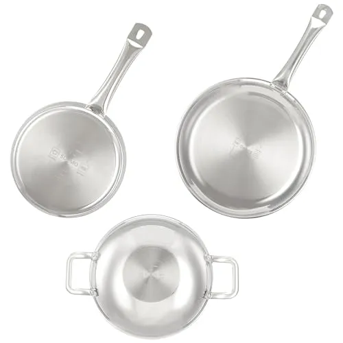 Amazon Brand - Solimo Triply Stainless Steel 3 Piece Cookware Set(Kadhai/Wok with Lid-24 Cm,Fry Pan-24 Cm&Tea/Milk Saucepan-16 Cm) Induction and Gas Stove Compatible|Dishwasher Safe,Silver