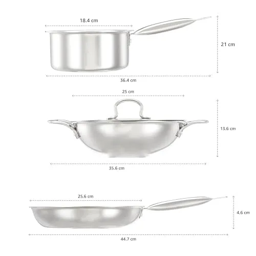 Amazon Brand - Solimo Triply Stainless Steel 3 Piece Cookware Set(Kadhai/Wok with Lid-24 Cm,Fry Pan-24 Cm&Tea/Milk Saucepan-16 Cm) Induction and Gas Stove Compatible|Dishwasher Safe,Silver