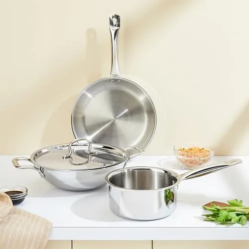 Amazon Brand - Solimo Triply Stainless Steel 3 Piece Cookware Set(Kadhai/Wok with Lid-24 Cm,Fry Pan-24 Cm&Tea/Milk Saucepan-16 Cm) Induction and Gas Stove Compatible|Dishwasher Safe,Silver