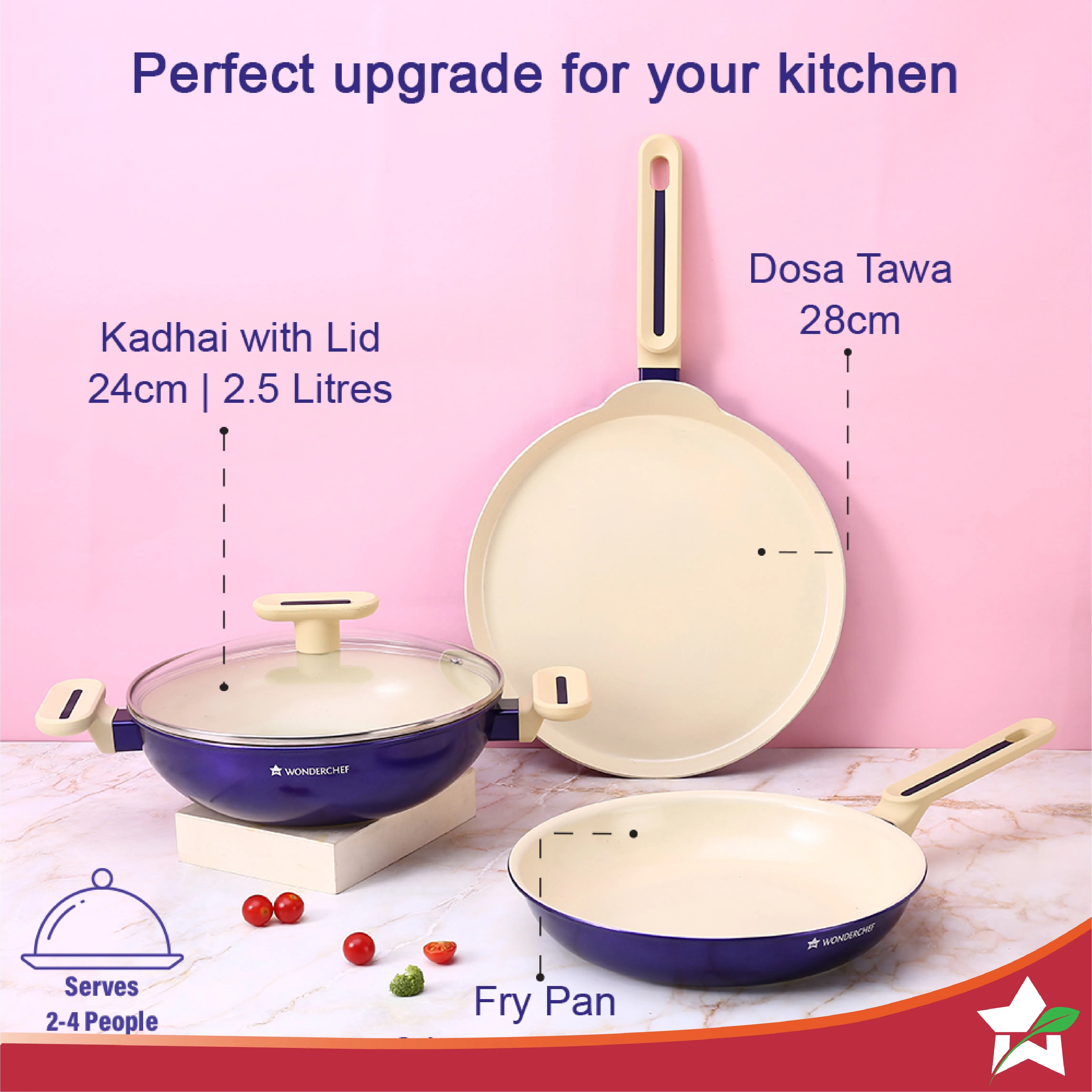 Bellagio Ceramic Non-stick 4 pc Cookware Set, Kadhai with Lid, Fry Pan & Dosa Tawa, Electric Blue, 2 Years Warranty