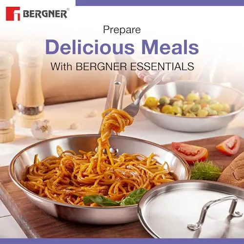 Bergner BE Essentials TriPly 4 Pc Cookware Set, Kadai 22cm/2L | Fry Pan 22cm/1.1L | Tadka Pan 10cm | 1 stainless steel lid suitable for Kadai & frypan, Cool Touch Comfort Grip Handle, 5-Year Warranty