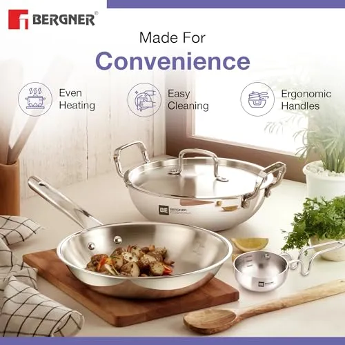 Bergner BE Essentials TriPly 4 Pc Cookware Set, Kadai 22cm/2L | Fry Pan 22cm/1.1L | Tadka Pan 10cm | 1 stainless steel lid suitable for Kadai & frypan, Cool Touch Comfort Grip Handle, 5-Year Warranty