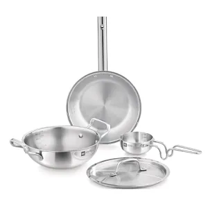 Bergner BE Essentials TriPly 4 Pc Cookware Set, Kadai 22cm/2L | Fry Pan 22cm/1.1L | Tadka Pan 10cm | 1 stainless steel lid suitable for Kadai & frypan, Cool Touch Comfort Grip Handle, 5-Year Warranty