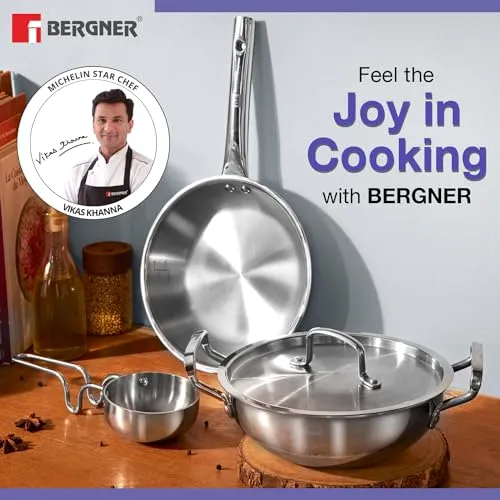 Bergner BE Essentials TriPly 4 Pc Cookware Set, Kadai 22cm/2L | Fry Pan 22cm/1.1L | Tadka Pan 10cm | 1 stainless steel lid suitable for Kadai & frypan, Cool Touch Comfort Grip Handle, 5-Year Warranty