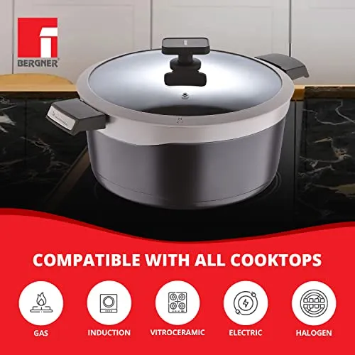 Bergner Gastro Non Stick Casserole/Briyani Pot/Handi with Glass Lid 28cm, Induction Base, Thickness 4.1mm, Brown, Gas Ready