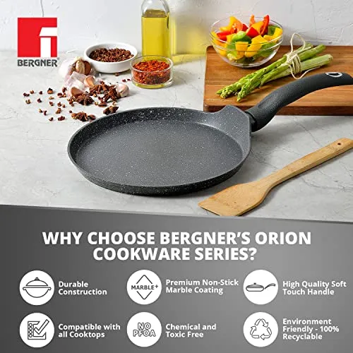 Bergner Orion NonStick 28 cm Tawa/ Dosa Pan, 100% Recyclable, For Low Oil Paratha/Dosa/Uttapam/Pancake/ Crepe/Eggs/Toasts, Textured Soft Touch Handle, Granite Finish, Induction & Gas ready, 1-Year Warranty