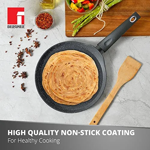 Bergner Orion NonStick 28 cm Tawa/ Dosa Pan, 100% Recyclable, For Low Oil Paratha/Dosa/Uttapam/Pancake/ Crepe/Eggs/Toasts, Textured Soft Touch Handle, Granite Finish, Induction & Gas ready, 1-Year Warranty