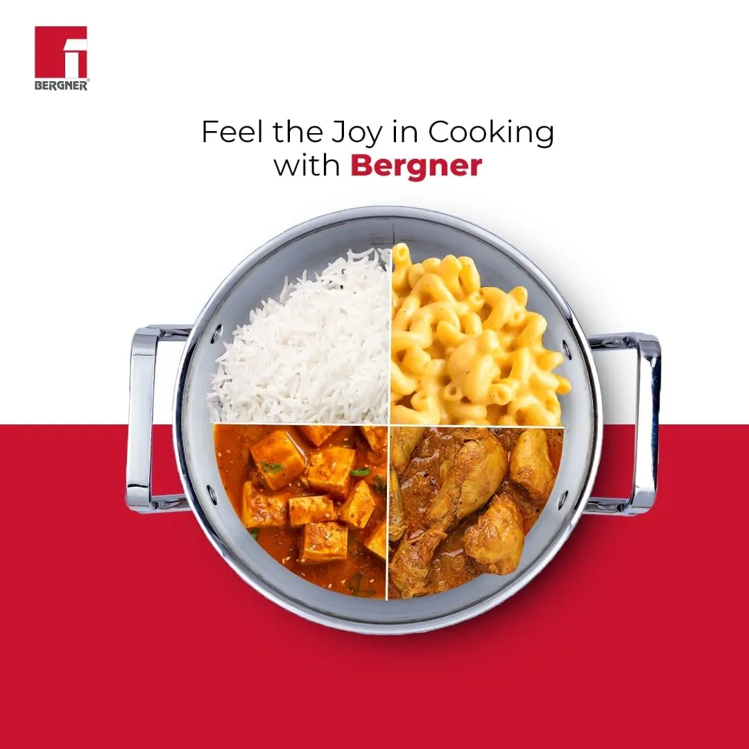 Bergner Tripro 22 cm Triply Casserole - 2.8 L, Stainless Steel Lid, Wide Handles, Induction & Gas Compatible, Laser-Etched Scale, Multi-Layered, Polished, Ideal for Biryani/Pulao/Halwa/Curries, 5-Year Warranty