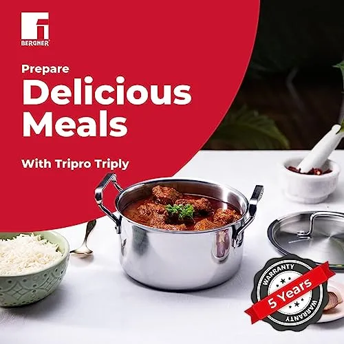 Bergner Tripro Triply 24 cm Casserole, 3.1 L Capacity, Stainless Steel Lid, For Biryani/Pulao/Halwa/Curries, Wide Handles, Induction & Gas Ready, Laser-Etched Scale, Multi-Layered & Polished, 5-Year Warranty