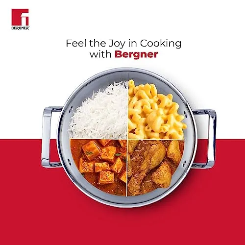 Bergner Tripro Triply 24 cm Casserole, 3.1 L Capacity, Stainless Steel Lid, For Biryani/Pulao/Halwa/Curries, Wide Handles, Induction & Gas Ready, Laser-Etched Scale, Multi-Layered & Polished, 5-Year Warranty