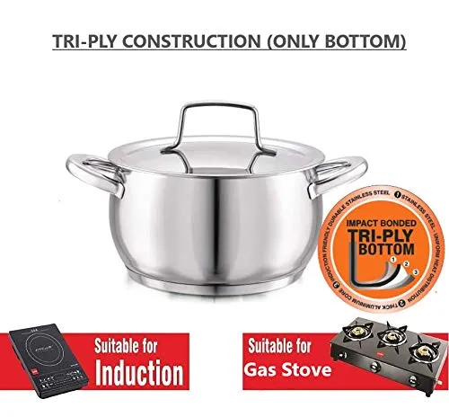 Cello Stainless Steel Handi Casserole with Lid, Impact Bonded Tri Ply Bottom (16 cm - 2.2 L)