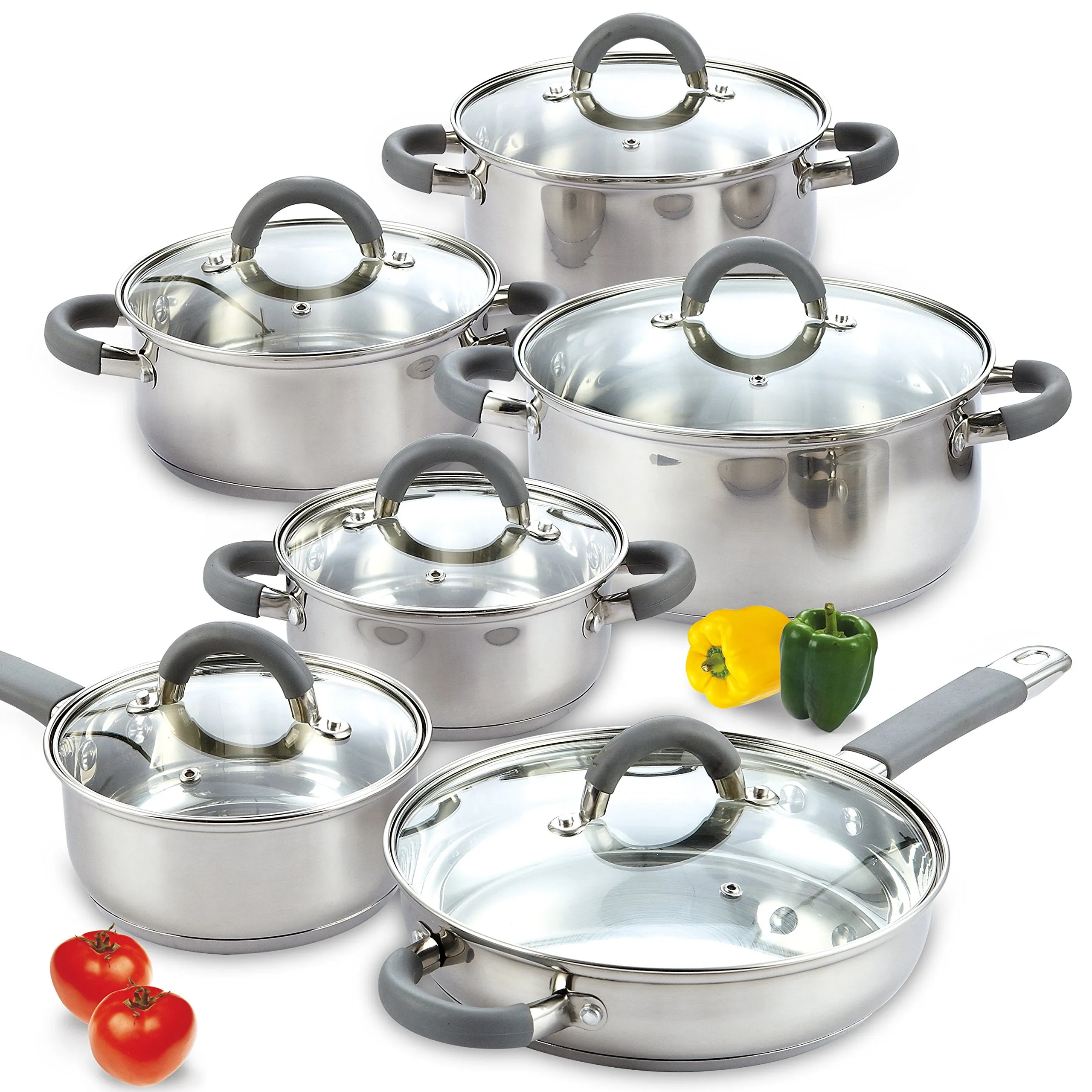 Cook N Home Kitchen Cookware Sets, 12-Piece Basic Stainless Steel Pots and Pans, Silver