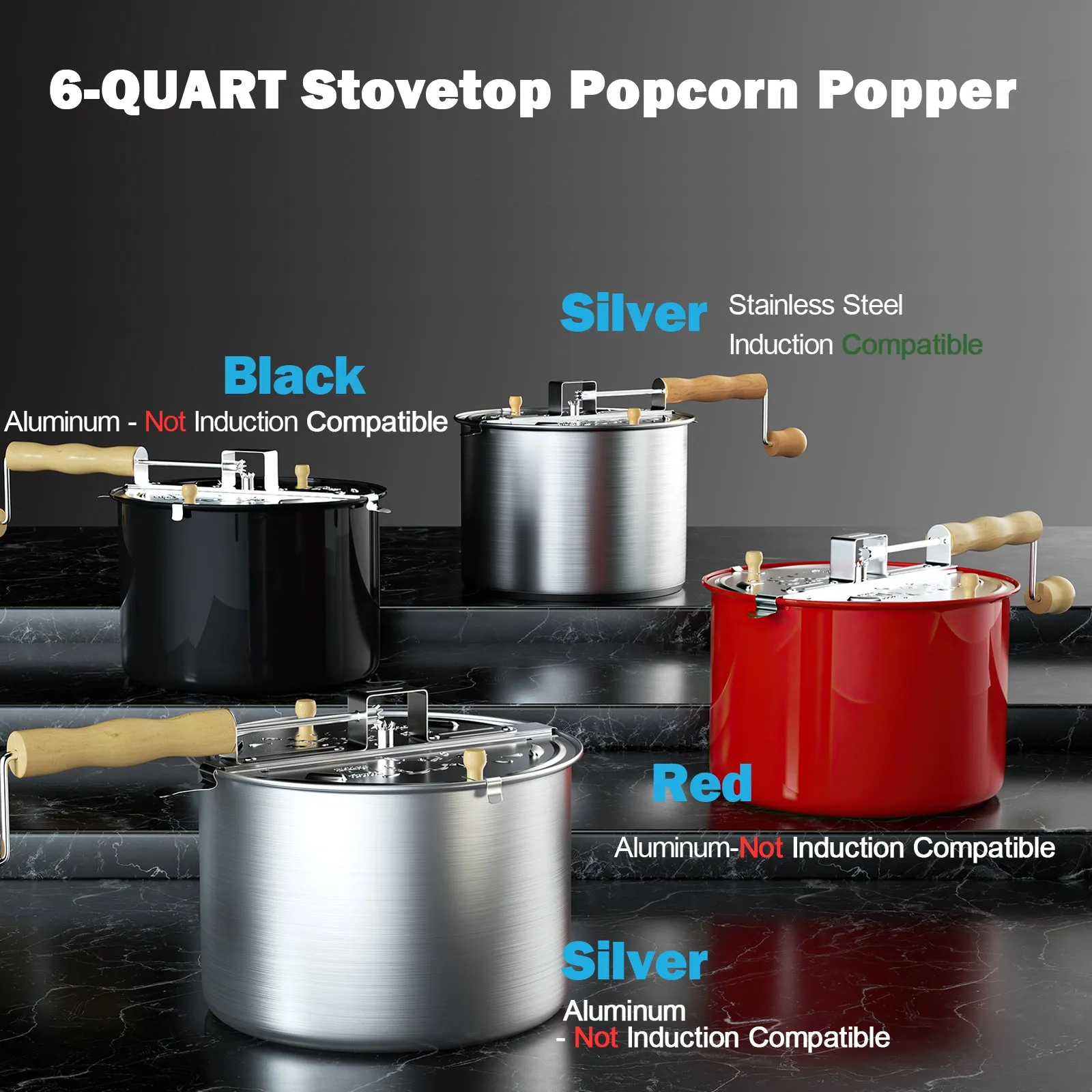 Cook N Home Stovetop Popcorn Popper with Crank, 6-Quart Aluminum Popcorn Pot, Black