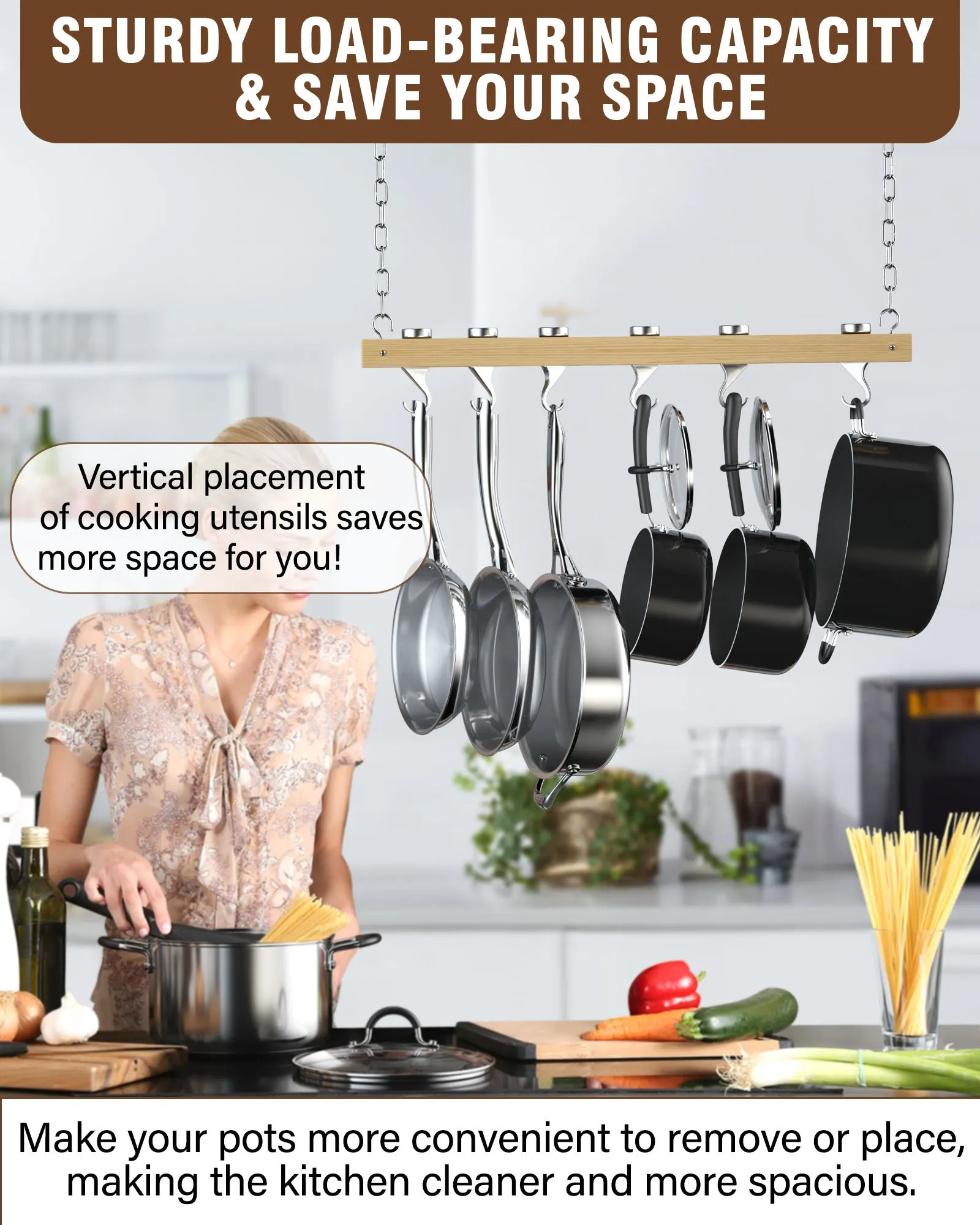 Cooks Standard 36-Inch Ceiling Mounted Wooden Pot Rack with 6 Solid Cast Aluminum Swivel Hooks, Movable Tracks Type Hanging Pot Rack Suitable for Heavy Duty Pots and Pans