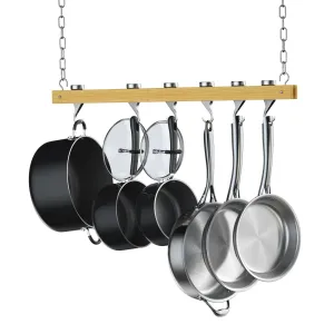 Cooks Standard 36-Inch Ceiling Mounted Wooden Pot Rack with 6 Solid Cast Aluminum Swivel Hooks, Movable Tracks Type Hanging Pot Rack Suitable for Heavy Duty Pots and Pans