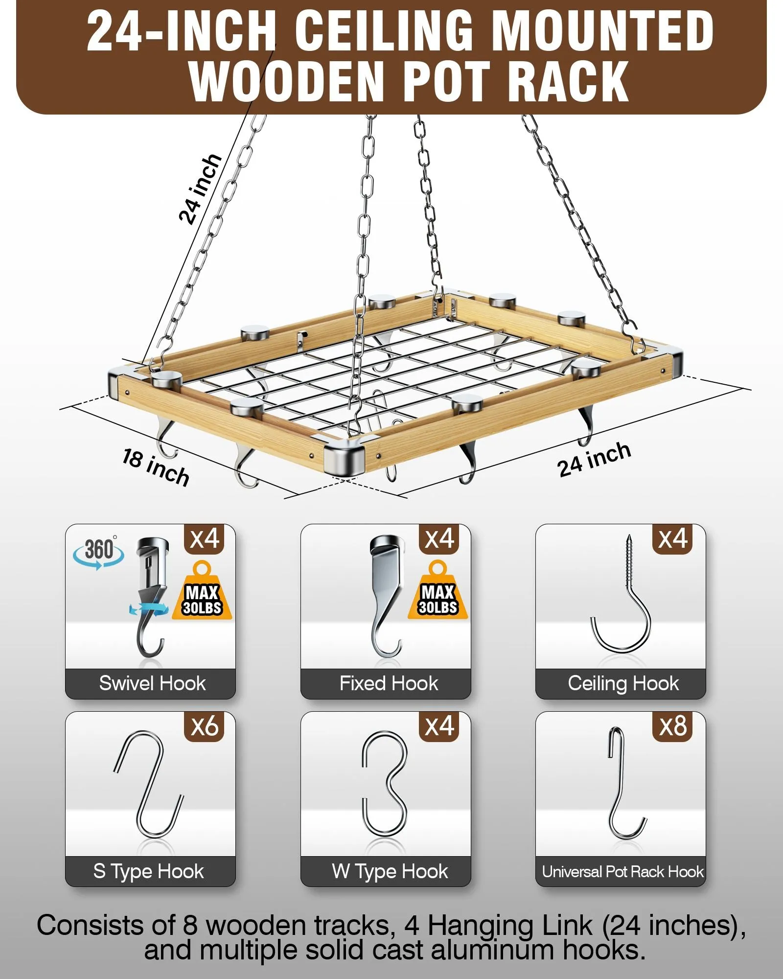 Cooks Standard Ceiling Mounted Wooden Pot Rack with Metal Grate, Movable Tracks Type Hanging Pot Rack with Solid Cast Aluminum Swivel and Fixed Hooks Suitable for Heavy Duty Cookware, 24x18-Inch