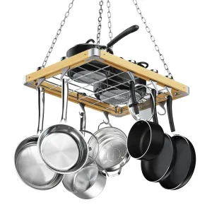 Cooks Standard Ceiling Mounted Wooden Pot Rack with Metal Grate, Movable Tracks Type Hanging Pot Rack with Solid Cast Aluminum Swivel and Fixed Hooks Suitable for Heavy Duty Cookware, 24x18-Inch