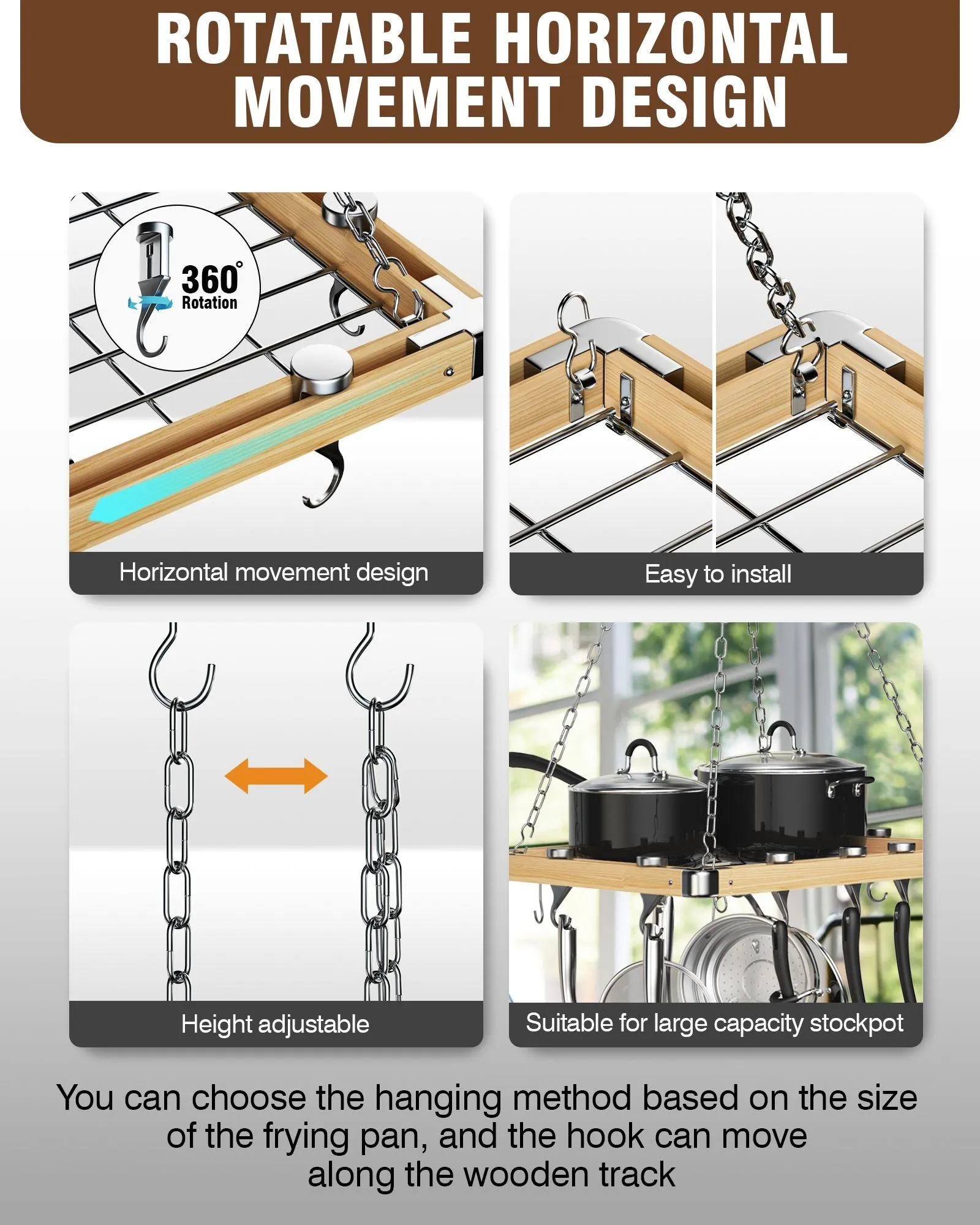 Cooks Standard Ceiling Mounted Wooden Pot Rack with Metal Grate, Movable Tracks Type Hanging Pot Rack with Solid Cast Aluminum Swivel and Fixed Hooks Suitable for Heavy Duty Cookware, 24x18-Inch