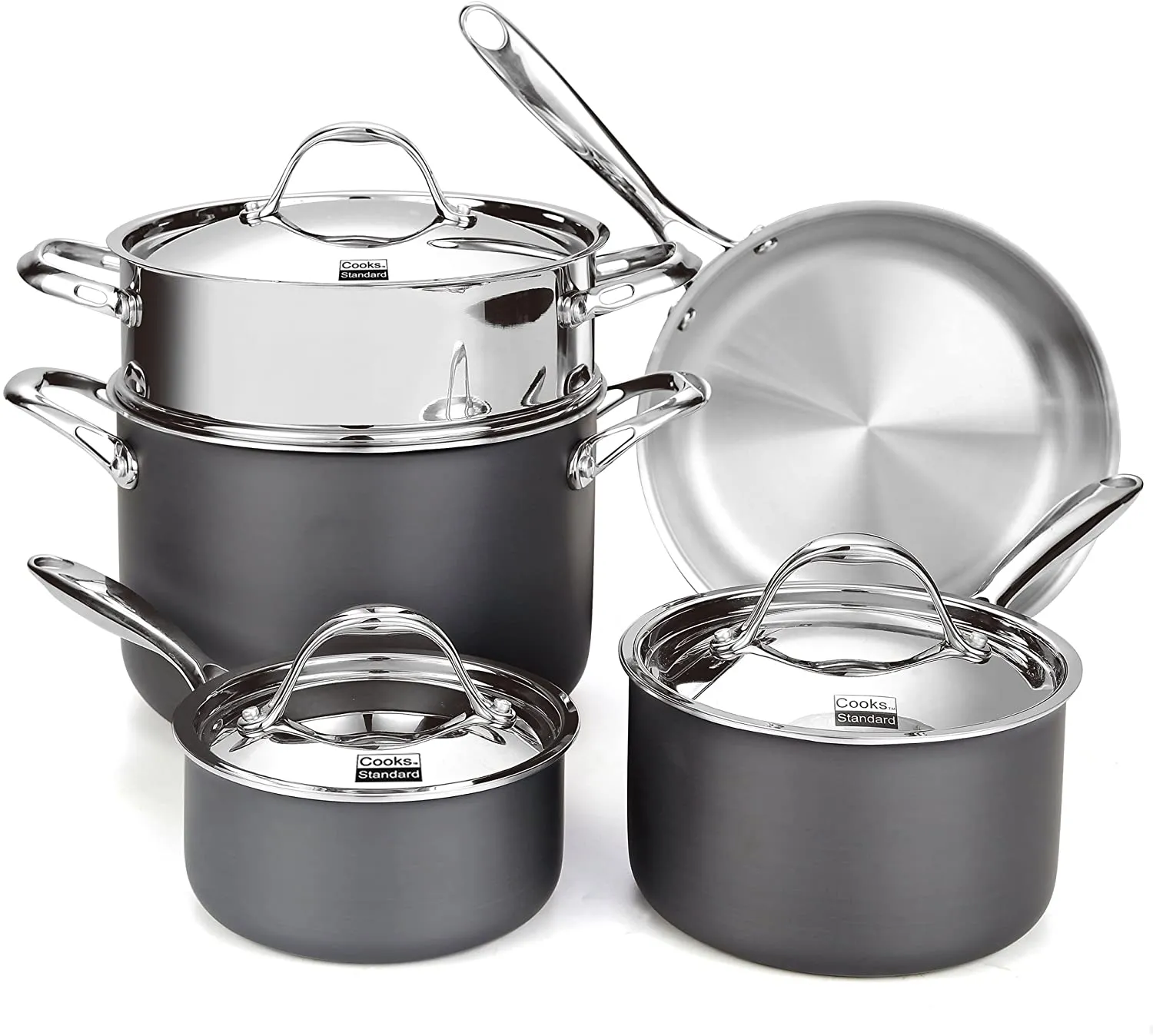 Cooks Standard, Stainless Steel 8-Piece Multi-Ply Clad Hard Anodized Cookware Set, Black