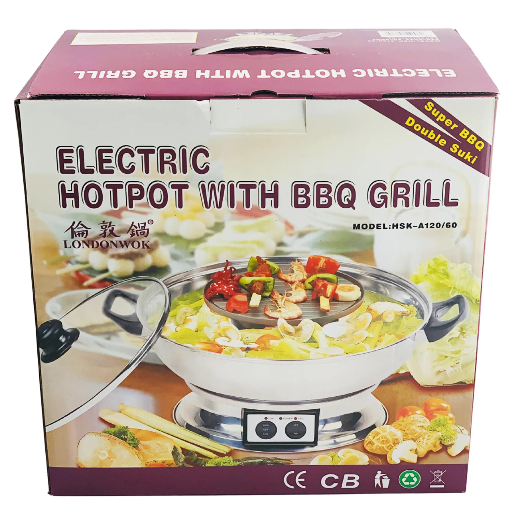 Electric Hotpot Steamboat with BBQ Grill, Glass Lid and Handles 4L by London Wok