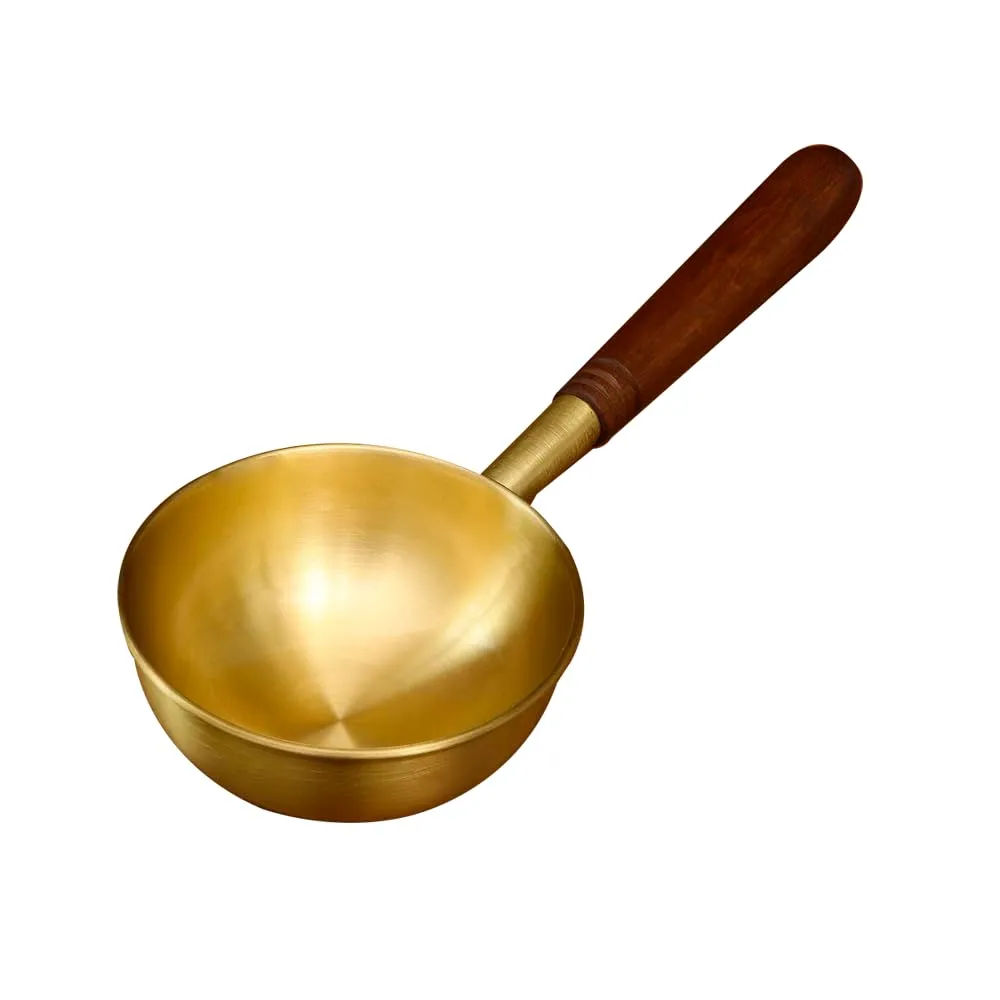 Ellementry Arra Brass Tadka Pan With Wooden Handle (250 Ml) | Vaghar/Chounk/Baghar/Vaghariya Pan For Spice Seasoning, Heating, Roasting And Frying Dal/Spices | Non-Toxic And Non-Stick Cookware - 30 Cm