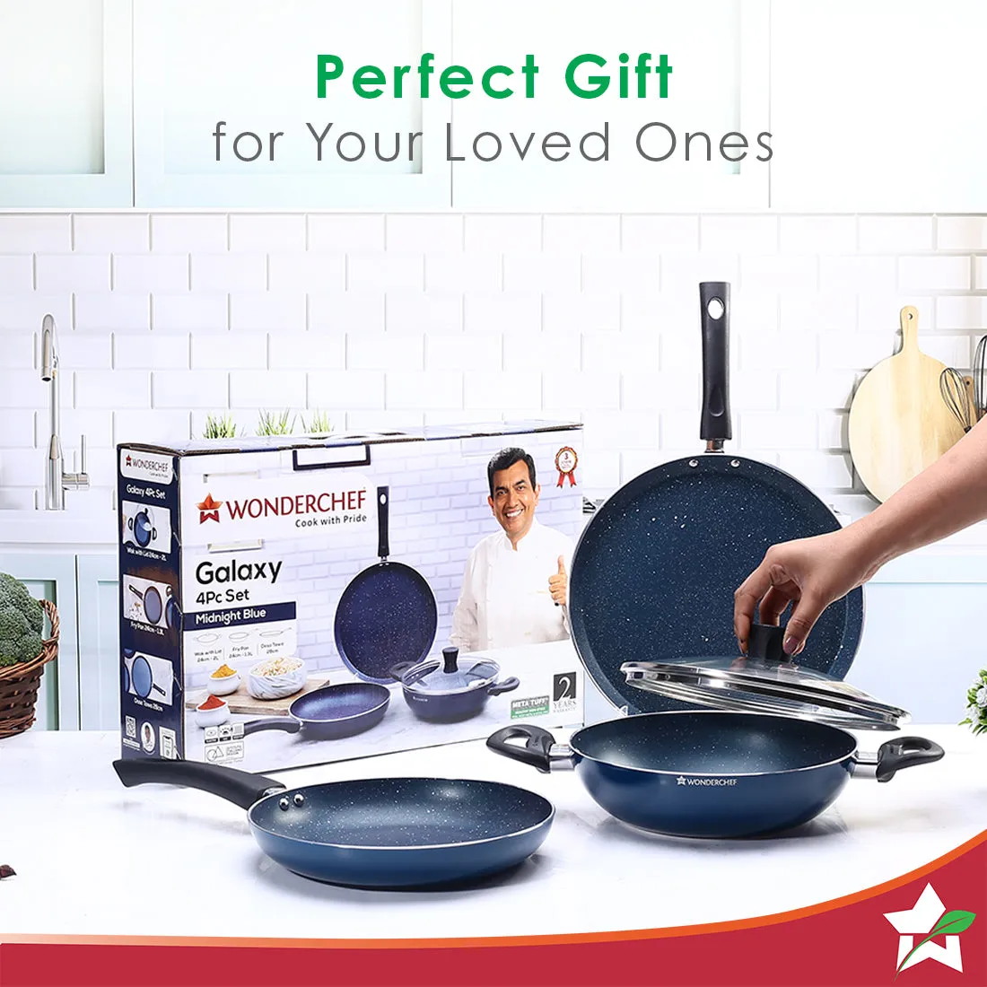 Galaxy Cookware 4 Piece Set | 24 cm Kadhai with Lid, 24 cm Fry Pan, 28 cm Dosa Tawa | Induction Friendly | Cool Touch Bakelite Handles | Pure Grade Aluminium| PFOA Free| 2 Years Warranty | Midnight Blue