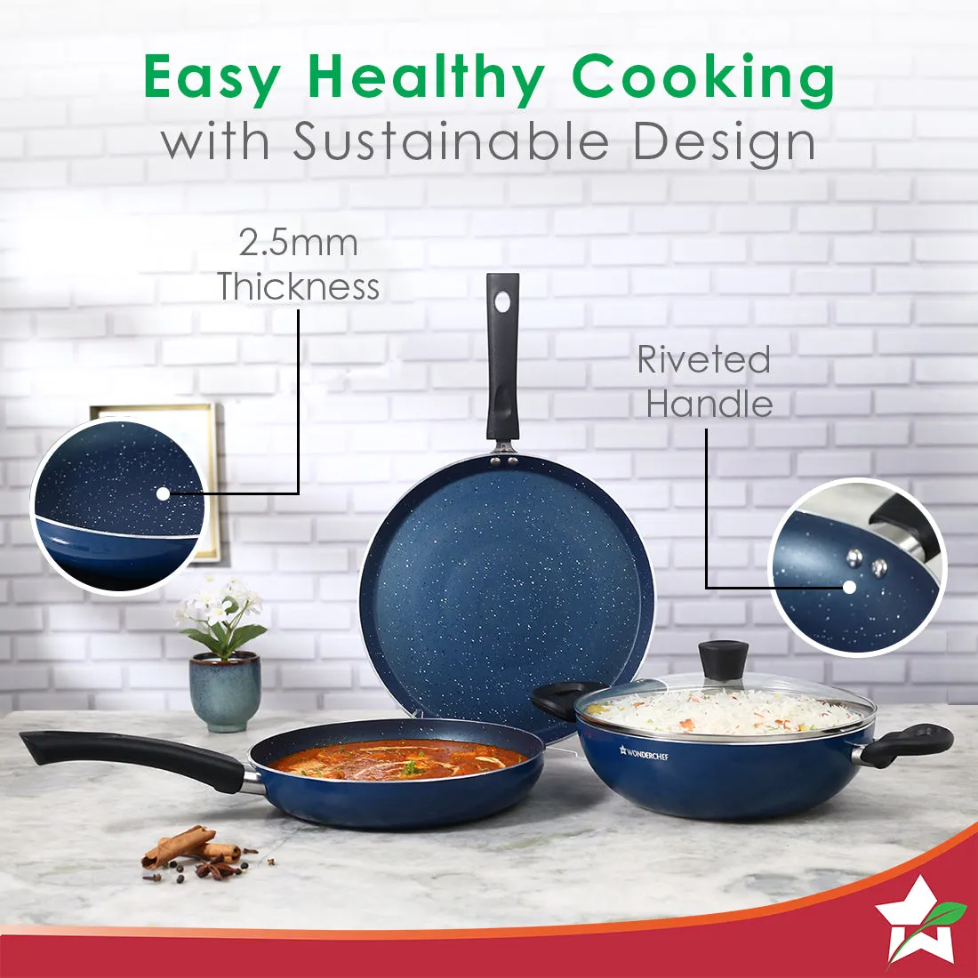 Galaxy Cookware 4 Piece Set | 24 cm Kadhai with Lid, 24 cm Fry Pan, 28 cm Dosa Tawa | Induction Friendly | Cool Touch Bakelite Handles | Pure Grade Aluminium| PFOA Free| 2 Years Warranty | Midnight Blue