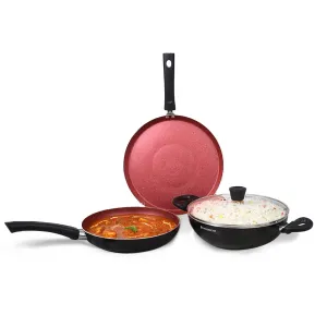 Galaxy Cookware 4 Piece Set | Kadhai with Lid, Fry Pan, Dosa Tawa | Induction Friendly | Cool Touch Bakelite Handles | Pure Grade Aluminium| PFOA Free| 2 Years Warranty | Brick Red