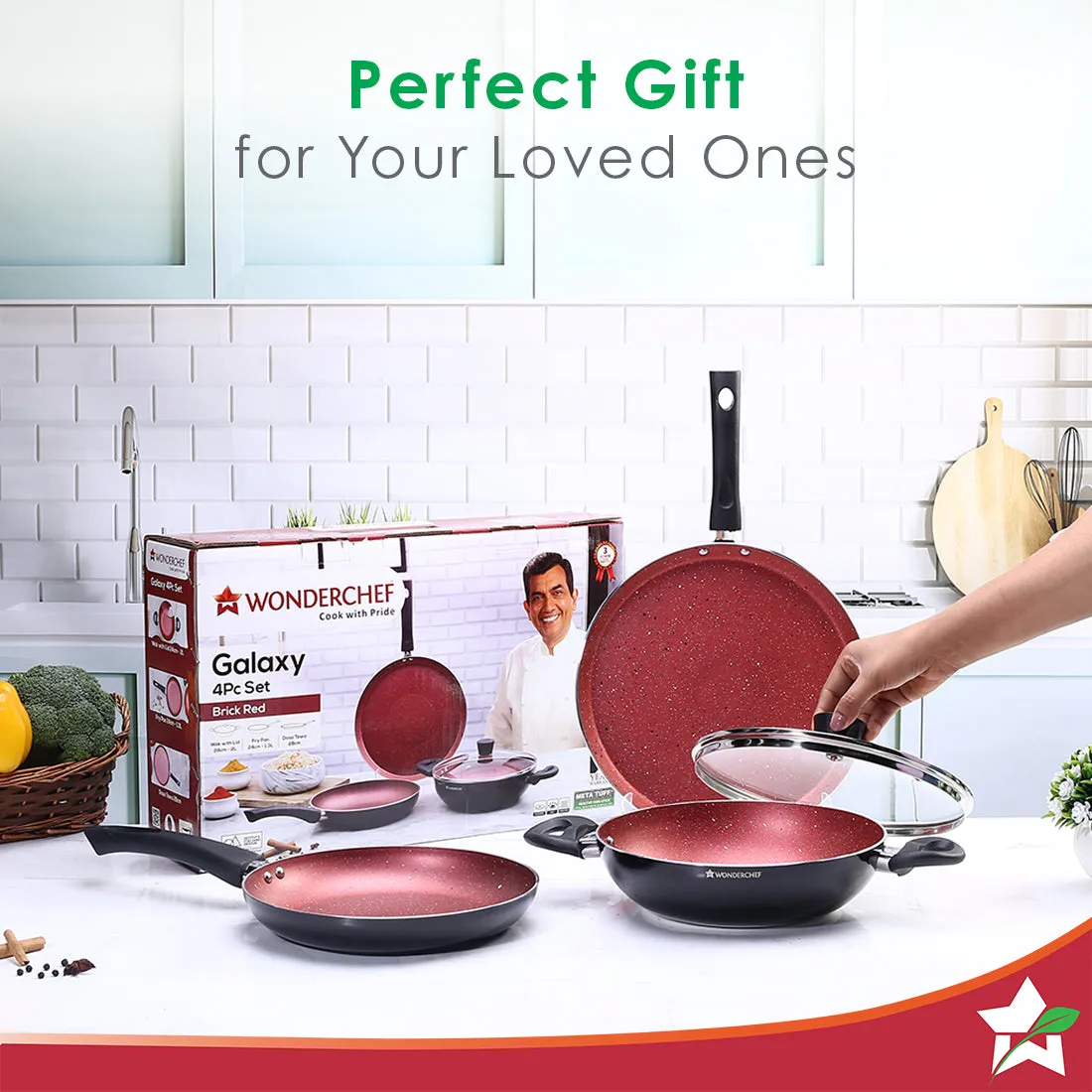 Galaxy Cookware 4 Piece Set | Kadhai with Lid, Fry Pan, Dosa Tawa | Induction Friendly | Cool Touch Bakelite Handles | Pure Grade Aluminium| PFOA Free| 2 Years Warranty | Brick Red