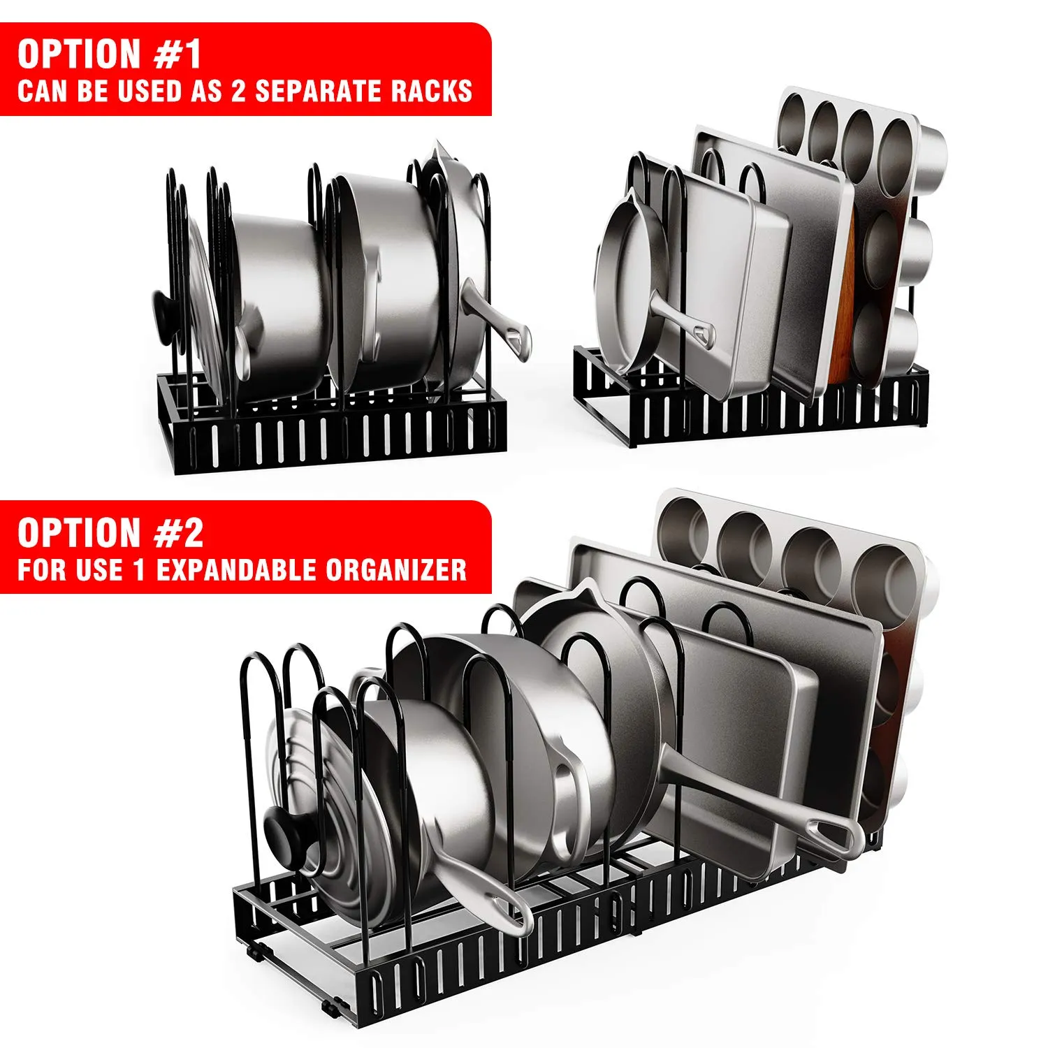 Geekdigg Pot Organizer Rack For Cabinet, Expandable 8  Pans Pots Lid Organizer Rack