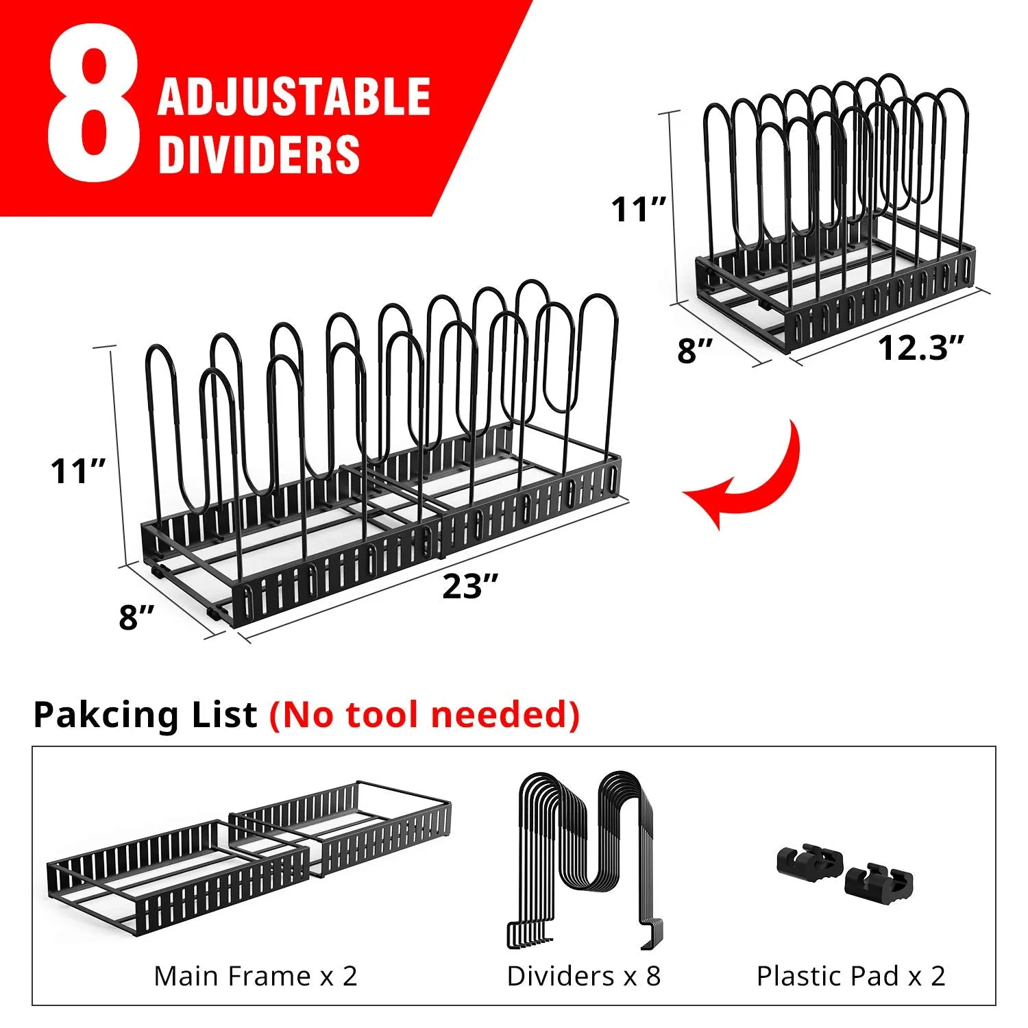 Geekdigg Pot Organizer Rack For Cabinet, Expandable 8  Pans Pots Lid Organizer Rack