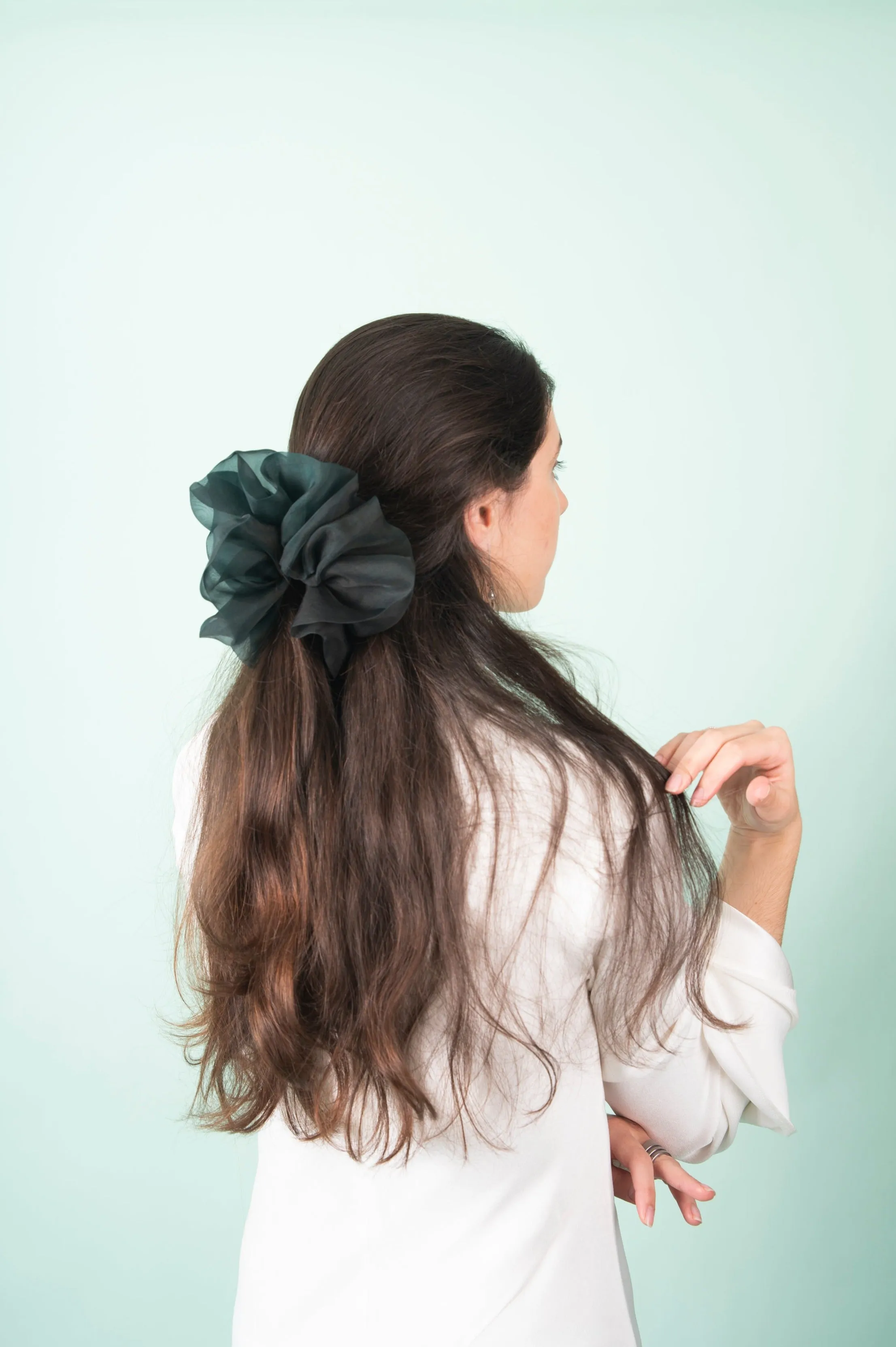 Giga Scrunchie in Hand Dyed Forest Green Organza