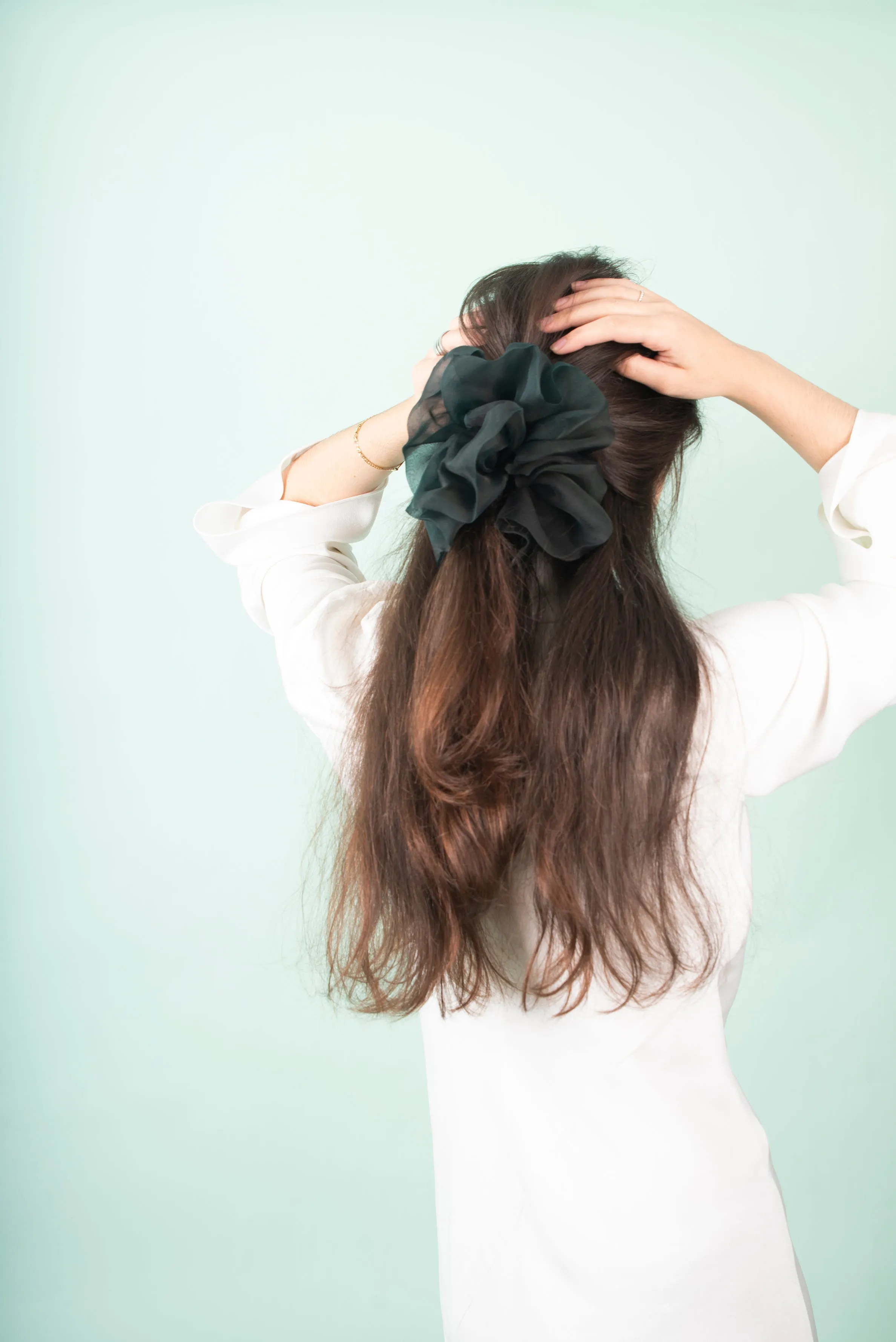 Giga Scrunchie in Hand Dyed Forest Green Organza