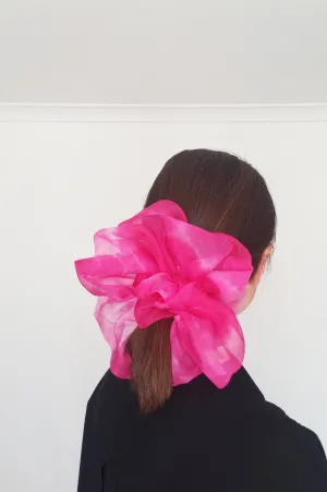 Giga Scrunchie in Tie-Dye Neon Pink Silk Organza