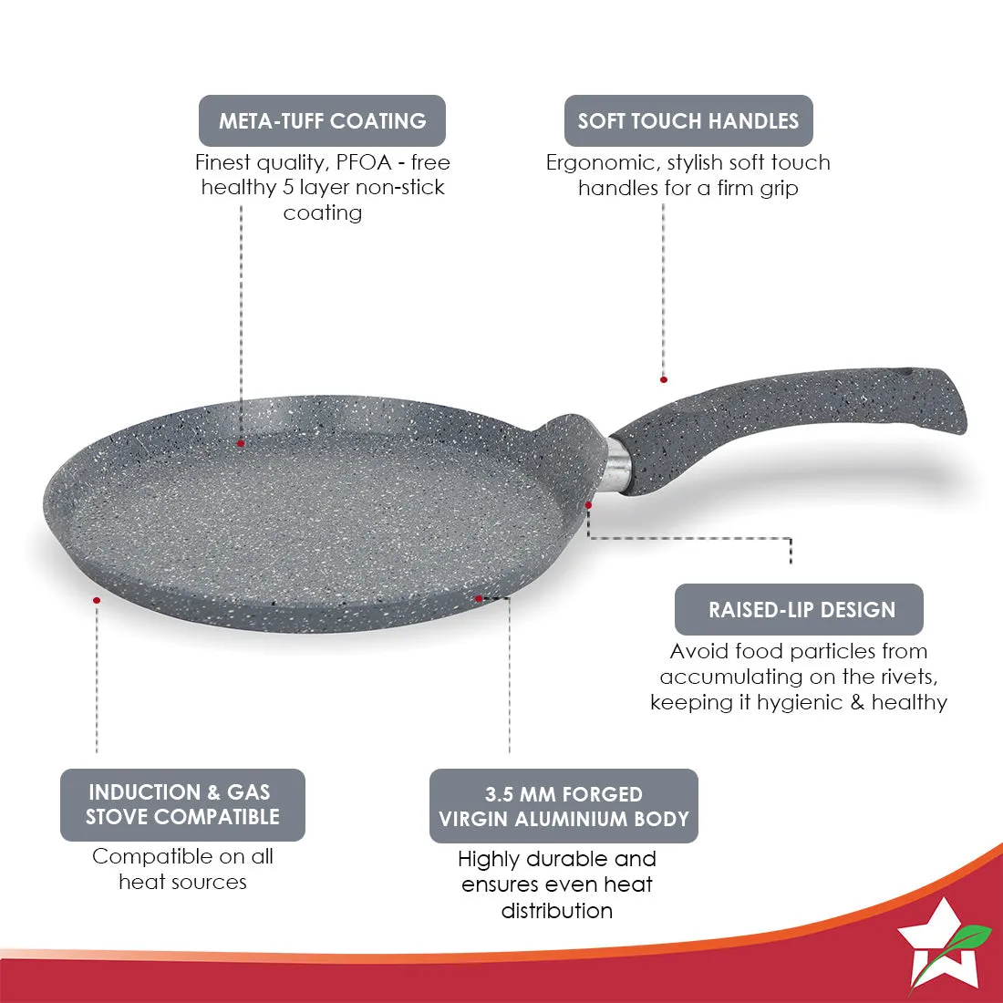 Granite 24cm Non-Stick Dosa Tawa | Induction Bottom | Soft-Touch Handles | Virgin Aluminium | PFOA/Heavy Metals Free | 3.5mm | 2 Year Warranty | Grey