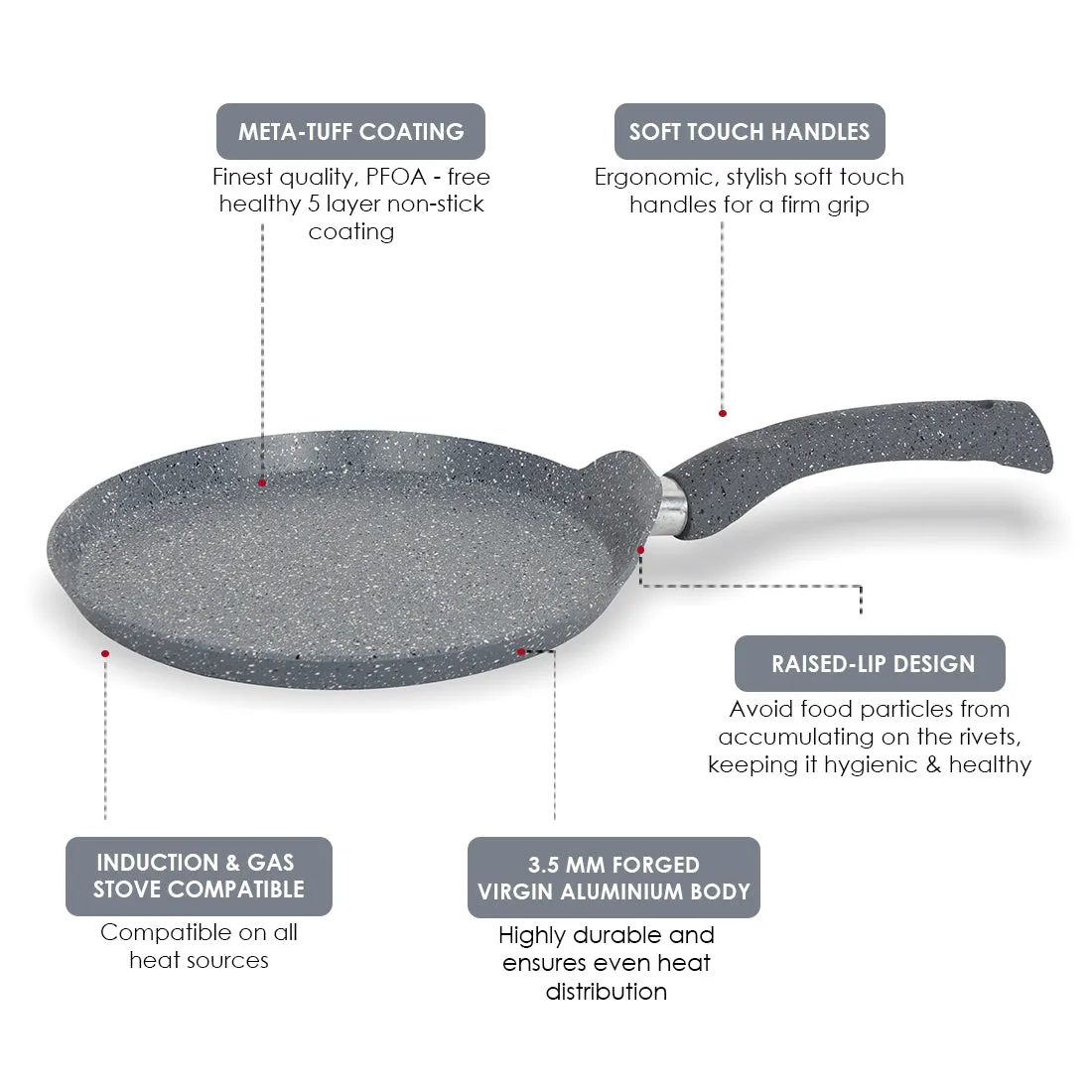 Granite 30cm Non-Stick Dosa Tawa | Induction Bottom | Soft-Touch Handles | Virgin Aluminium | PFOA/Heavy Metals Free | 3.5mm | 2 Year Warranty | Grey