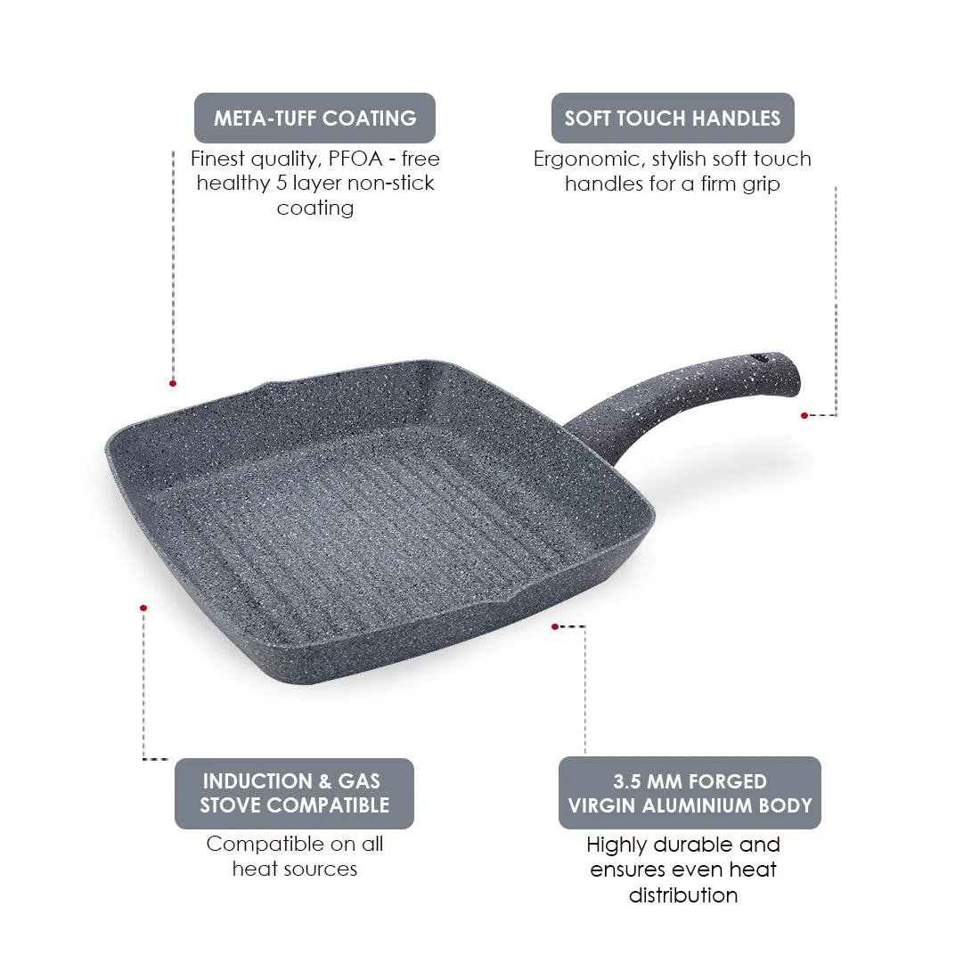 Granite Non-Stick 24cm Grill Pan | Soft-Touch Handles | Virgin Aluminium | PFOA and Heavy Metals Free | 3.5mm Thickness | 1.8 litres | 2 Year Warranty | Grey