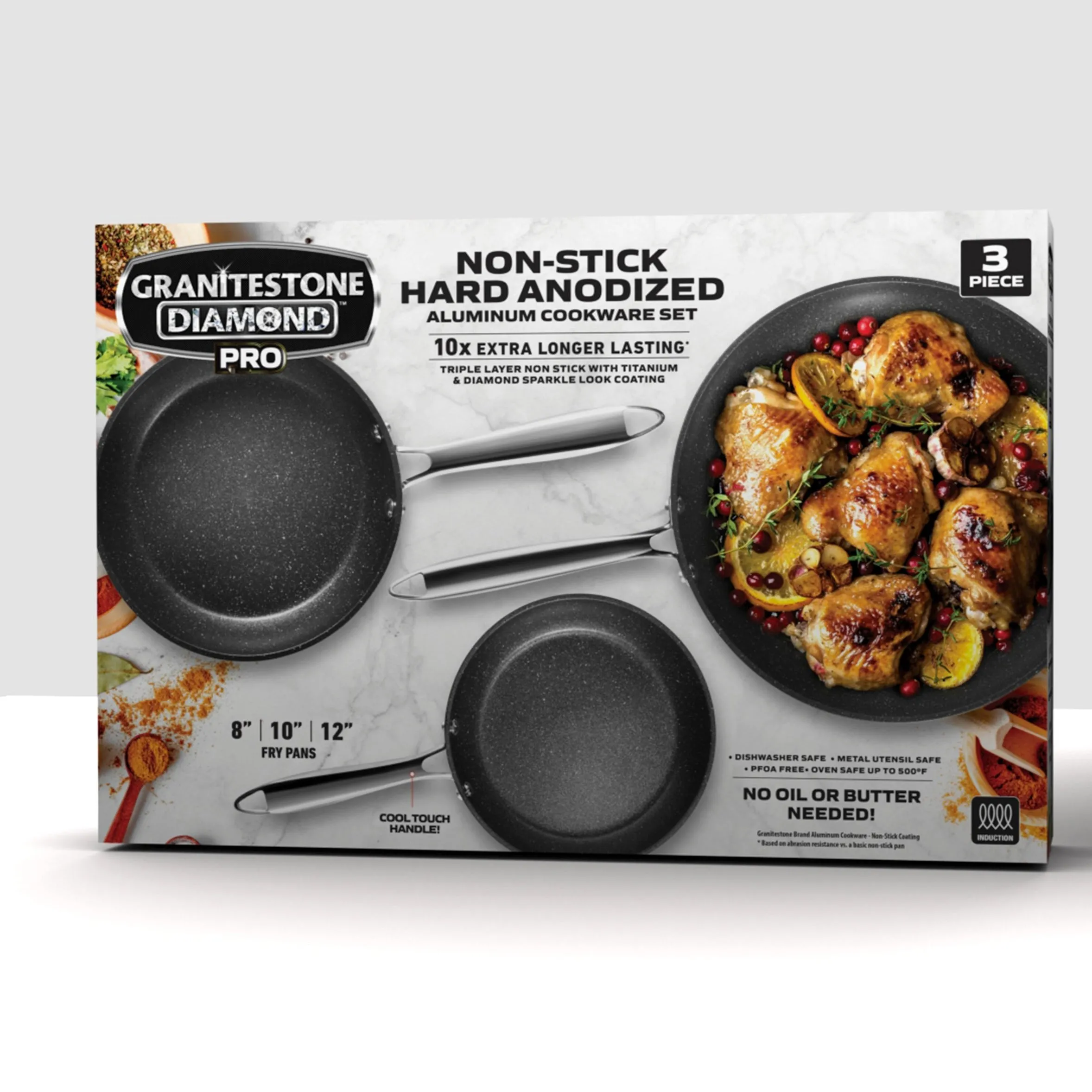 Granitestone 3-Piece Pro Series Frying Pan Set - 8", 10" & 12"